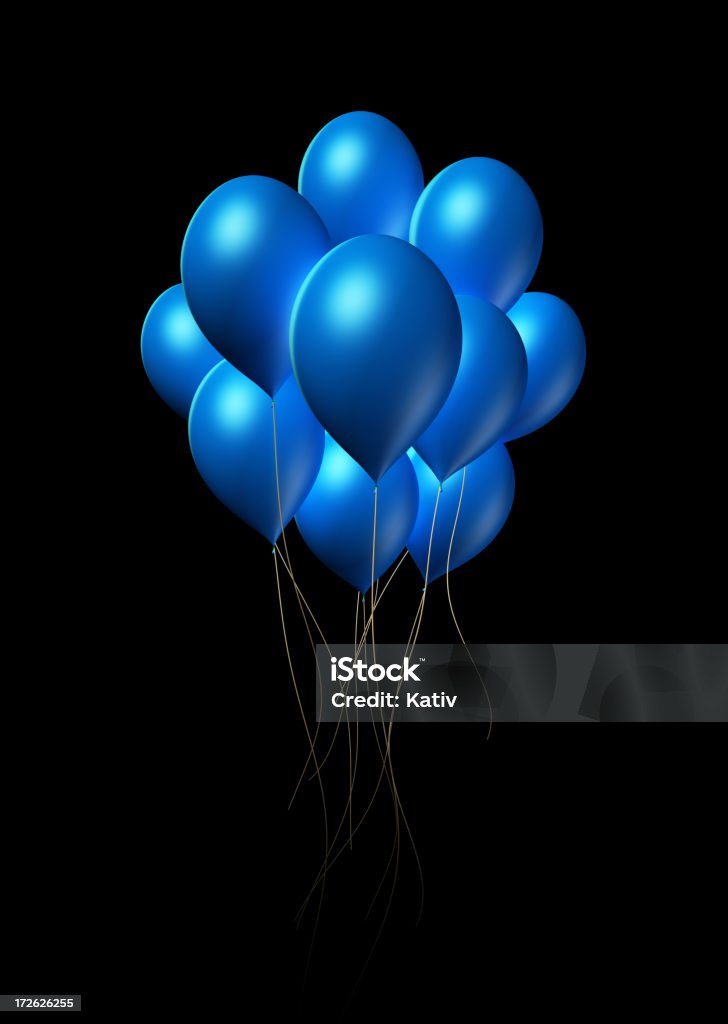 Blue Balloons Bouquet of blue balloons on black background. Anniversary Stock Photo