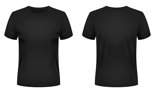 Blank black t-shirt template. Front and back views. Photo-realistic vector illustration.