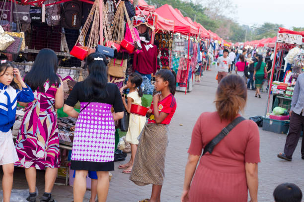 Scene on night market of Vientiane stock photo