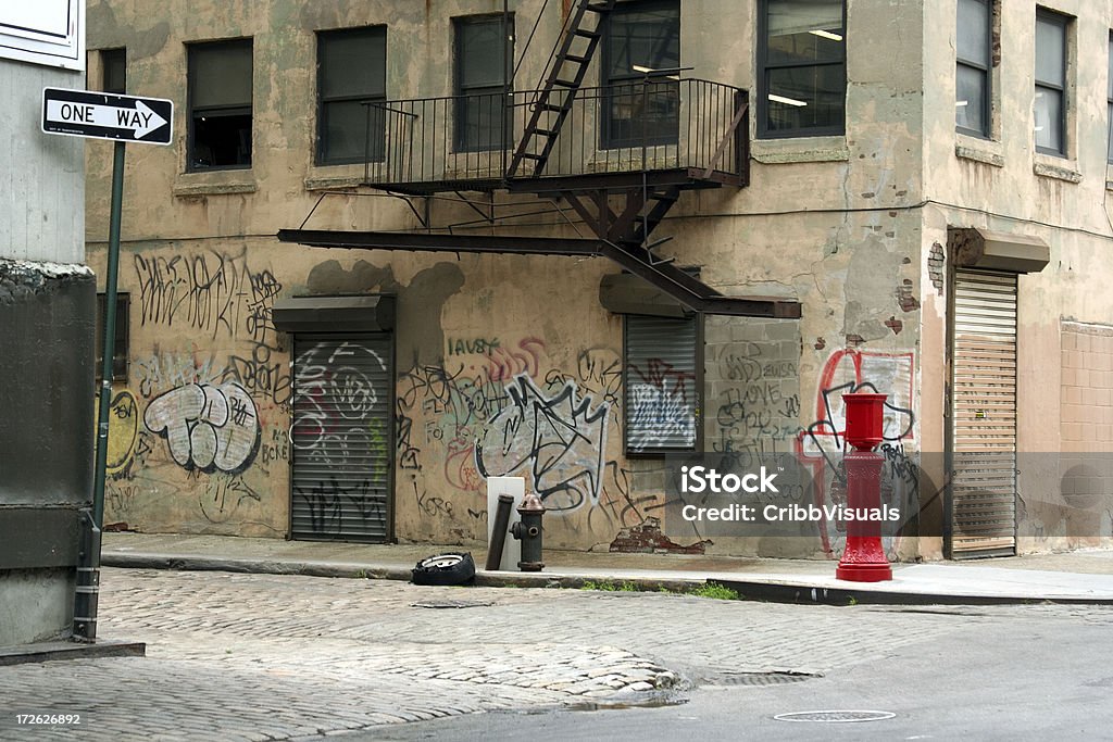 Необитаемый Brooklyn DUMBO Булыжник Backstreet с граффити - Стоковые фото Граффити роялти-фри