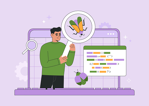 Software API prototyping and testing concept. Application development, coding and bugs searching. Hand drawn color vector illustration isolated on purple background, modern flat cartoon style.