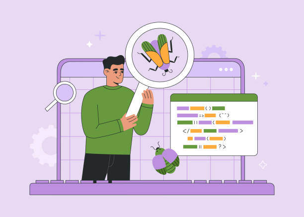 Software API prototyping and testing concept Software API prototyping and testing concept. Application development, coding and bugs searching. Hand drawn color vector illustration isolated on purple background, modern flat cartoon style. debug stock illustrations