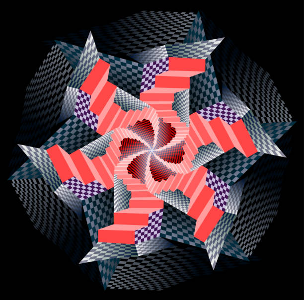istock Fantasy psychedelic illustration. Ornament of stylized stairs twisting into spiral. Abstract pattern of checkerboard shapes done in kaleidoscopic style. Printable mandala on black background. 1726269514
