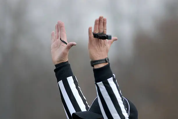 American football referee signals a touchdown.