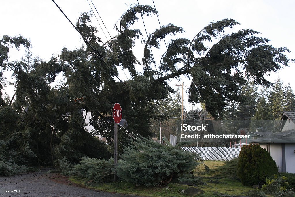 Natural Disaster A house is saved from destruction by a power line. Squall Stock Photo