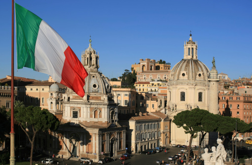 Roman view with Italian flag, Rome Italy