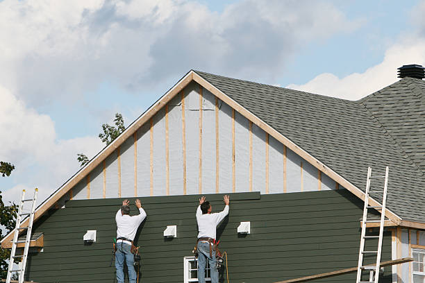 Two men applying green paneling to a house