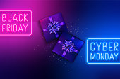 Black Friday and Cyber Monday Sale neon signboard. Realistic foil wrapped gift boxes reflect neon color. Design template for banner, web, social media.