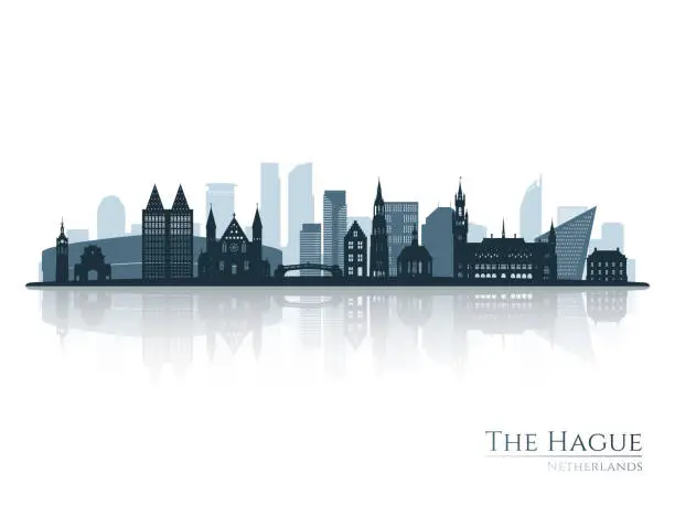 Vector illustration of The Hague skyline silhouette with reflection. Landscape The Hague, Netherlands. Vector illustration.