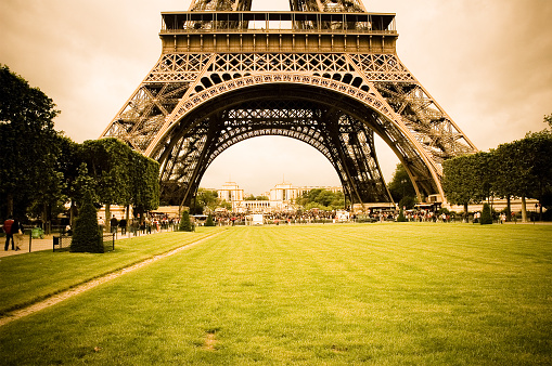 Eiffel Tower with color filter and vignetting added in post processing to give an old fashion feeling.