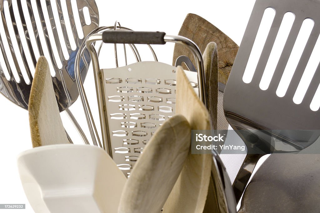 Cozinha utensílios de cozinha de madeira e Metal colheres equipamentos no branco - Foto de stock de Borracha - Material royalty-free