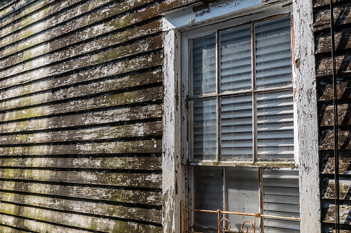 Old window set in rotting wood siding with peeling paint, mold, mildew, decay on home exterior