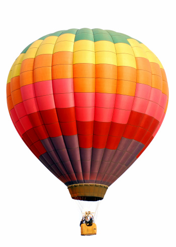 A rainbow checkered hot air balloon with a happy group of people.  Isolated on white