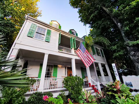 Estes Park, Colorado, USA - September 22, 2019:  A closeup wide-angle view of the front facade of the famous Stanley Hotel on a bright sunny Autumn day.