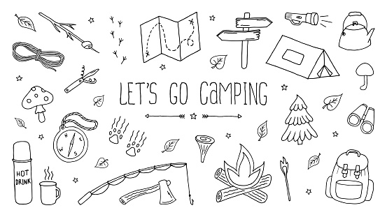 Lets Go Camping Set. Backpacking drawing. Vector doodle illustration. Hiking icons. Black objects on white background. Tourists equipment for Trekking.