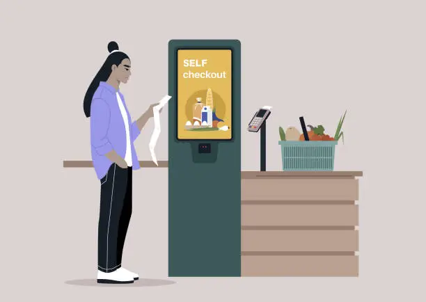 Vector illustration of A perplexed character double-checking their paper receipt at a self-service checkout register in a manager-less supermarket store