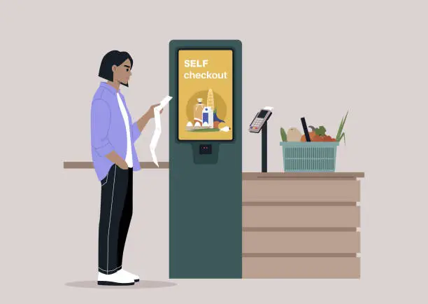 Vector illustration of A perplexed character double-checking their paper receipt at a self-service checkout register in a manager-less supermarket store