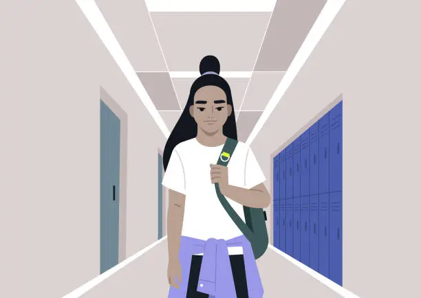 Vector illustration of A preschooler with a backpack slung over one shoulder, walking down a school corridor, with classroom doors and lockers as the backdrop