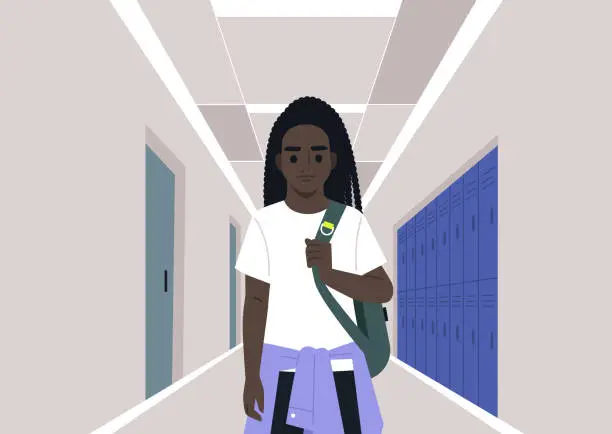 Vector illustration of A preschooler with a backpack slung over one shoulder, walking down a school corridor, with classroom doors and lockers as the backdrop