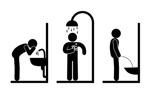 icon bathroom, washbasin, toilet, person taking a shower