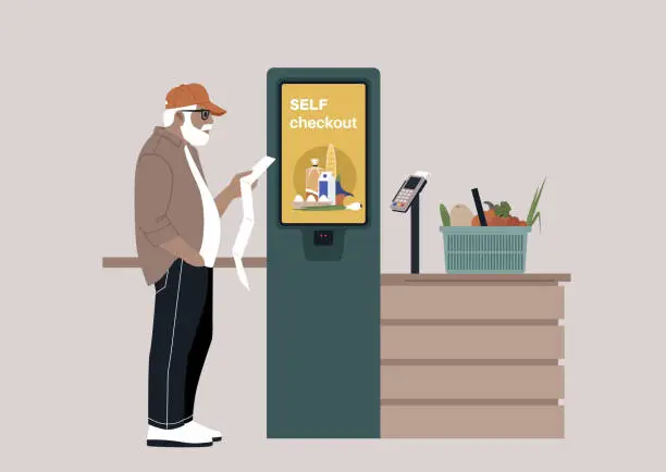 Vector illustration of A perplexed character double-checking their paper receipt at a self-service checkout register in a manager-less supermarket store