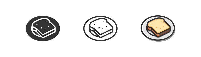 Toast bread vector icon. Breakfast symbol. Plate with slice of toasted bread on plate, morning food. Outline, flat and colored style icon for web design. Vector illustration.