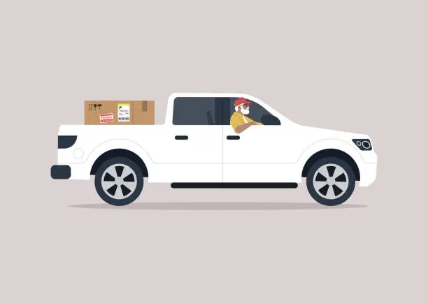 Vector illustration of Delivery service concept, A senior driver in a pickup truck, casually steering with one arm hanging out of the window as they drive