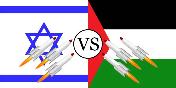 Vector illustration of Israel VS Palestine War - Israel and Palestine conflict - Israeli missiles VS Palestinian missiles Concept. The flag of Israel and Palestine with missiles in both directions symbolizes the war