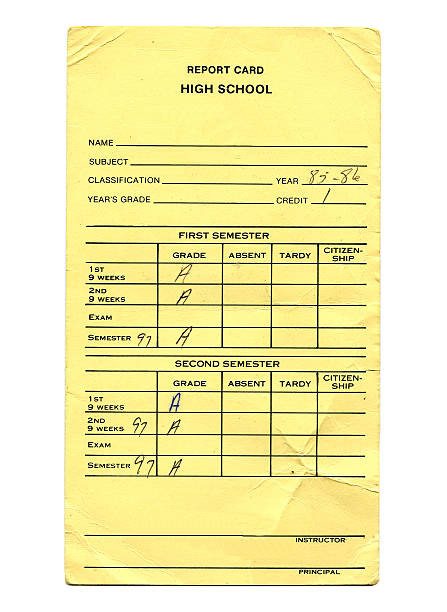 High School Report Card - Grunge Grunge high school report card from the 80's.  Show wear and tear. good grades stock pictures, royalty-free photos & images