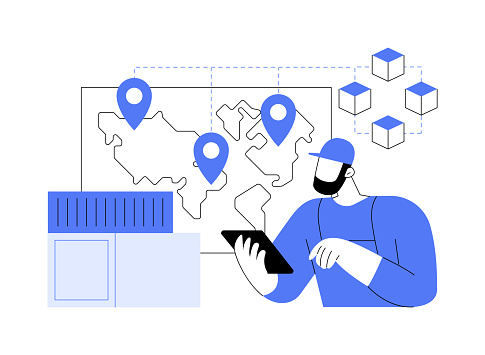 Supply chain management isolated cartoon vector illustrations. Supply chain manager at work, blockchain technology, decentralized public ledger, shipping container records vector cartoon.