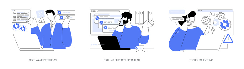 Software support line isolated cartoon vector illustrations set. Angry man has problem with computer software, calling system administrator, fixing error, troubleshooting specialist vector cartoon.