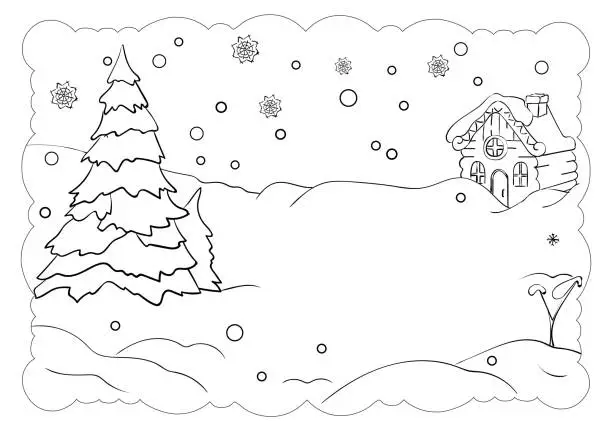 Vector illustration of Printable Winter Scene Coloring Page. Printable worksheet for kids.
