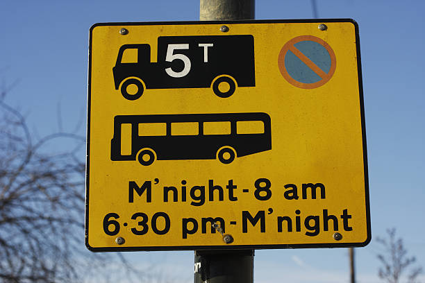 Parking restriction on yellow UK sign Lorries over 5 tonnes and coaches not allowed overnight in this Surrey street. surrey hotel southeast england england stock pictures, royalty-free photos & images