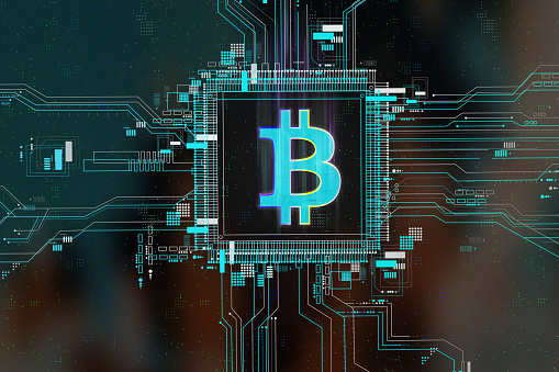 Bitcoin icon on motherboard, abstract background, 3d render