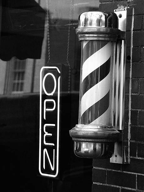Barber Pole and Neon Open Sign B/W