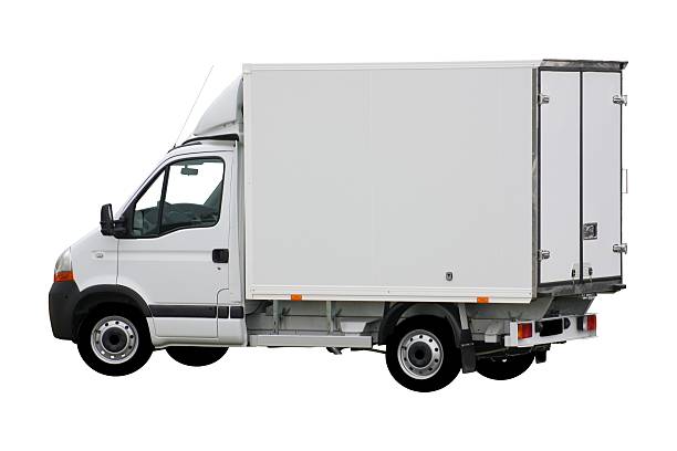 furgone bianco isolato - moving van truck delivery van van foto e immagini stock