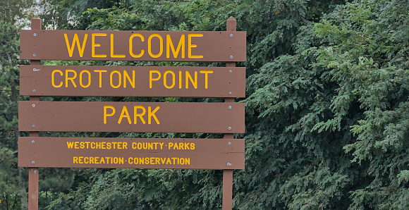 Croton on Hudson, NY - Sept 30, 2023: welcome sign at entrance to corton point park in westchester county new york state (hudson valley) river, public park recreation, fishing, hiking, camping, campsite, nature