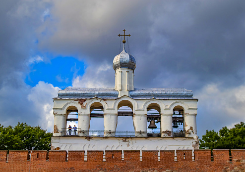 Russia, Veliky Novgorod - August 20, 2023: Bell tower of the St. Sophia Cathedral outside the walls of the Novgorod Kremlin