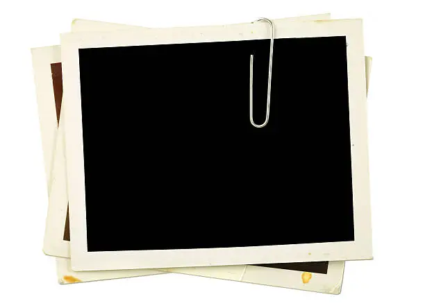 Three blank photo frames, frames are worn and show wear with ink spots, isolated on white with shadows.