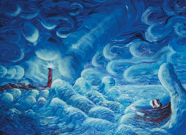 Lighthouse in the Storm "I was inspired to do this work because of my experience with turbulence in marriage. Two people, adrift in the midst of a storm, finding their way to safety. Acrylic on canvas." ocean beach papua new guinea stock pictures, royalty-free photos & images