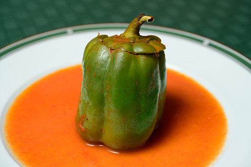 Stuffed Green Bell Pepper or Gefullte Paprika with Tomato Sauce Austrian Style