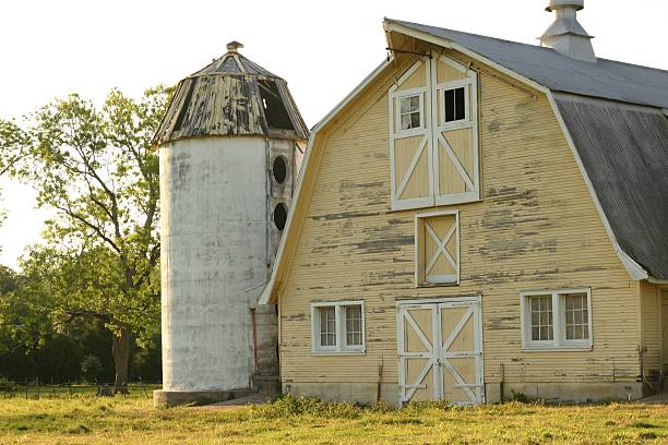 White barn and multiple silos.