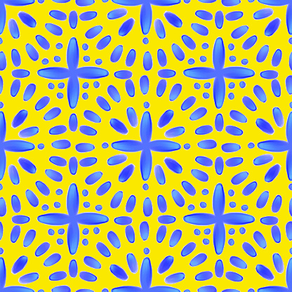 Blue and Yellow Portuguese Azulejo Seamless Pattern. Moroccan Ceramic Tile. Vector Lisbon Arabic Floral Mosaic, Mediterranean Ornament.