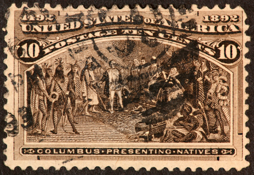 1892 postage stamp,Columbus presenting captive natives.