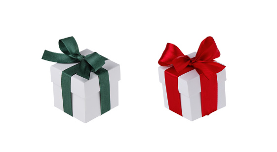 Set of white gift box with red and green ribbon bow for design isolated on white background. Abstract Christmas present as an design element.