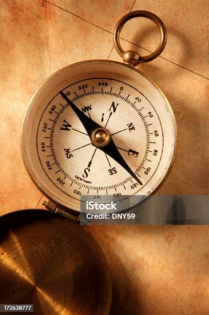 Antique Compass On Map Stock Photo - Download Image Now - Antique, Circle, Close-up