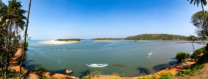 Palolem Beach, Goa, India - November, 30 2022: Stock photo showing close-up view of sacred cows being herded along sandy Palolem Beach in Goa, South India, a particularly popular winter holiday destination for both English and German tourists.