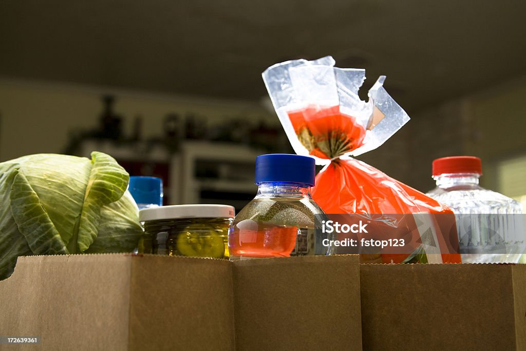 Essen: Sacks Lebensmittel im Hause Küche Theke - Lizenzfrei Papiertüte Stock-Foto