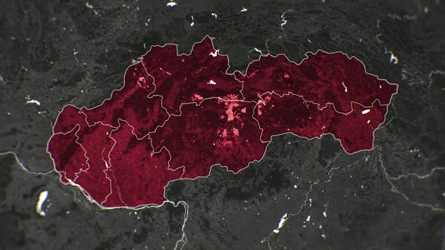 Zoom in on monochrome map of Slovakia, 4K, high quality, dark theme, simple world map, monochrome style, night, highlighted country and cities, satellite and aerial view of provinces, state, city,