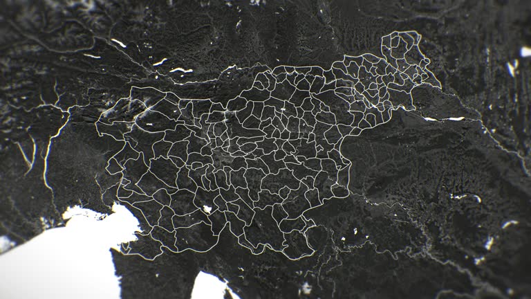 Zoom in on monochrome map of Slovenia, 4K, high quality, dark theme, simple world map, monochrome style, night, highlighted country and cities, satellite and aerial view of provinces, state, city,